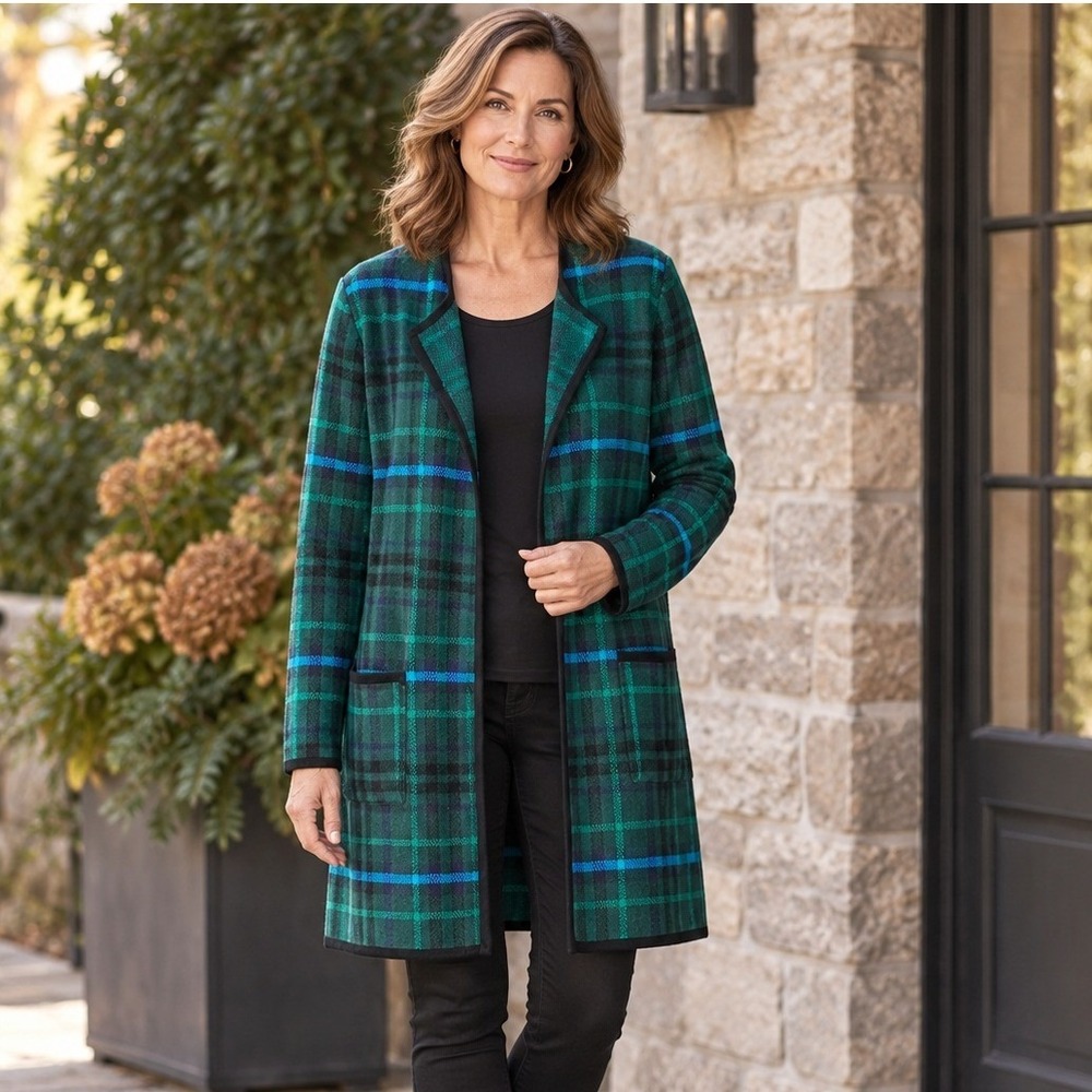 Talbots NWT Plaid Long Cardigan Coatigan Women L Lambswool Blend Green Blue